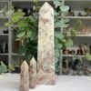 sunstone towers group Three sunstone towers, a large 26cm tower and two 9cm towers, peach sunstone in cream feldspar, Mystic Grove