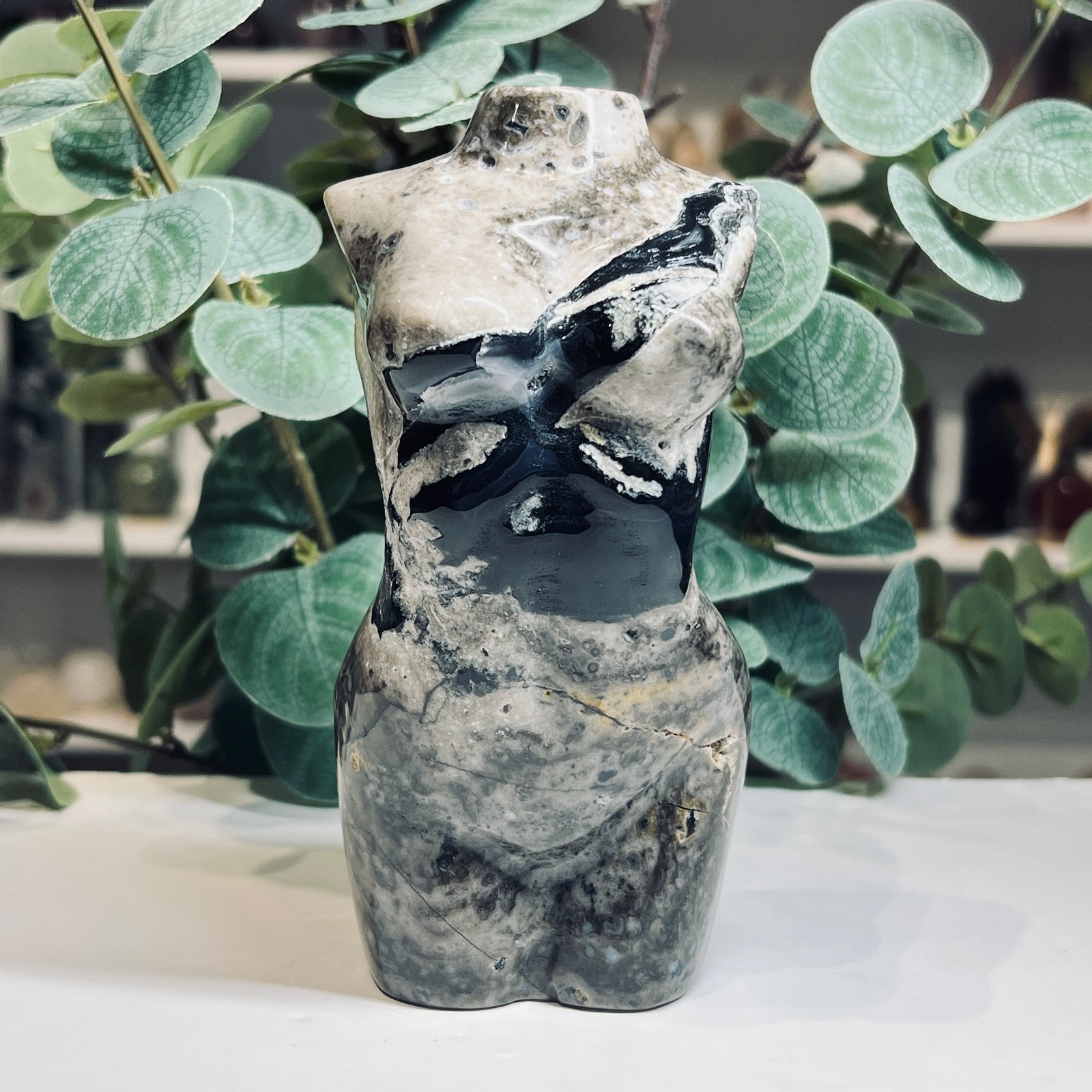 Volcano Agate Goddess Body Front Volcano agate goddess body crystal carving 15cm, polished cream, grey and blue black chalcedony, Mystic Grove UK
