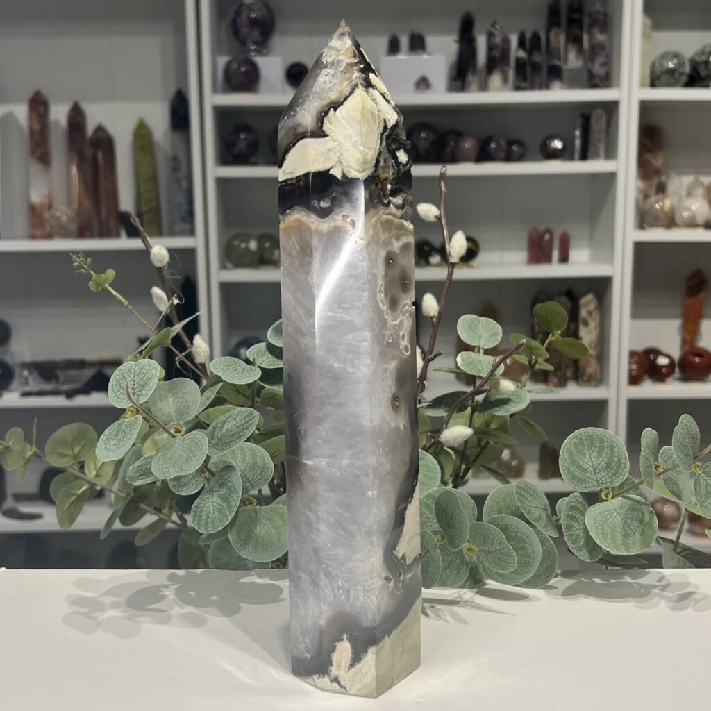 Volcano agate tower 28cm, grey and white agate with dark crusted bands and cream patches, Mystic Grove UK