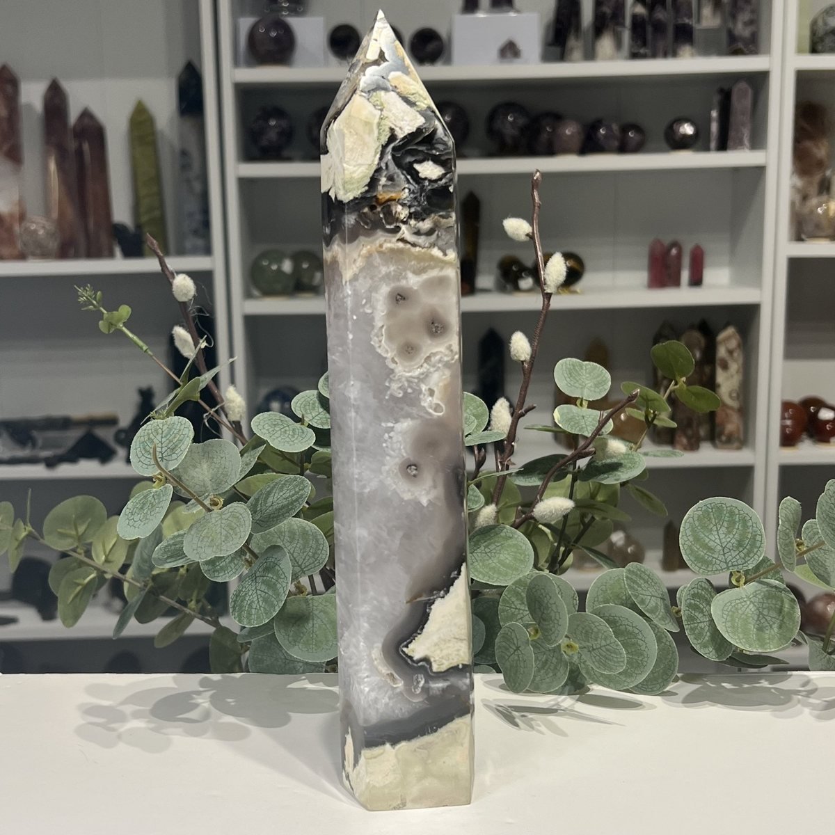 Volcano agate tower second side showing translucent grey agate and dark banding